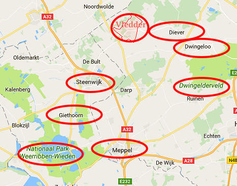 kaart van de omgeving van Vledder nog nèt Drenthe en bijna Friesland en Overijssel
